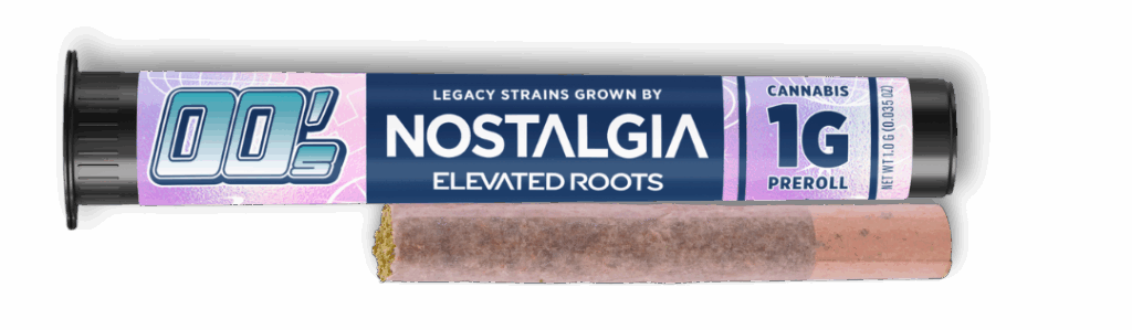 Limited-edition Nostalgia Blue Dream cannabis pre-roll in pink packaging, featuring terpene-rich flower with myrcene, pinene, and caryophyllene for uplifting and pain-relieving effects. Sold in support of breast cancer awareness at Elevated Roots dispensaries in Massachusetts.