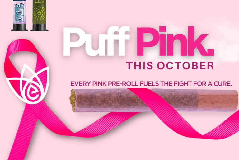 Elevated Roots’ Breast Cancer Awareness Month campaign featuring pink-themed packaging of RITUAL and Nostalgia cannabis pre-rolls | Shop a pink pre-roll and support the fight for a cure.