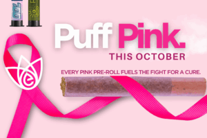 Elevated Roots’ Breast Cancer Awareness Month campaign featuring pink-themed packaging of RITUAL and Nostalgia cannabis pre-rolls | Shop a pink pre-roll and support the fight for a cure.
