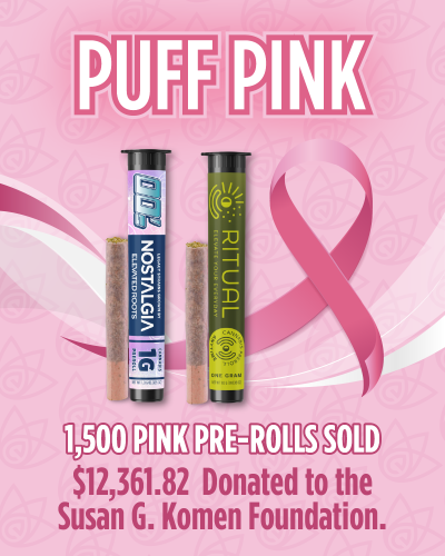 Elevated Roots’ Breast Cancer Awareness Month campaign featuring pink-themed packaging of RITUAL and Nostalgia cannabis pre-rolls | Shop a pink pre-roll and support the fight for a cure.